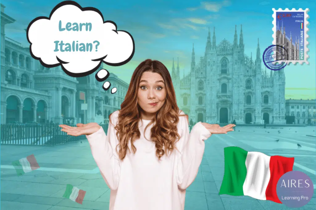 Reasons to learn Italian – woman thinking about learning Italian with Milan cathedral in the background
