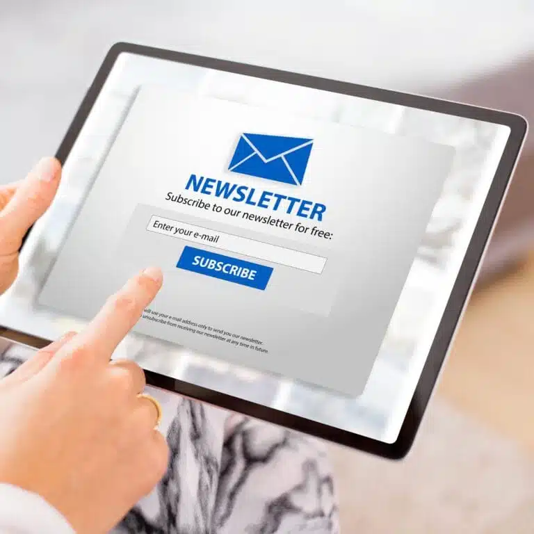 Tablet displaying newsletter subscription form for Aires Learning Pro, encouraging users to join for exclusive language learning tips and updates.