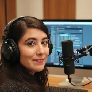Joana Aires recording the European Portuguese podcast Pilgrim of Languages in a professional studio