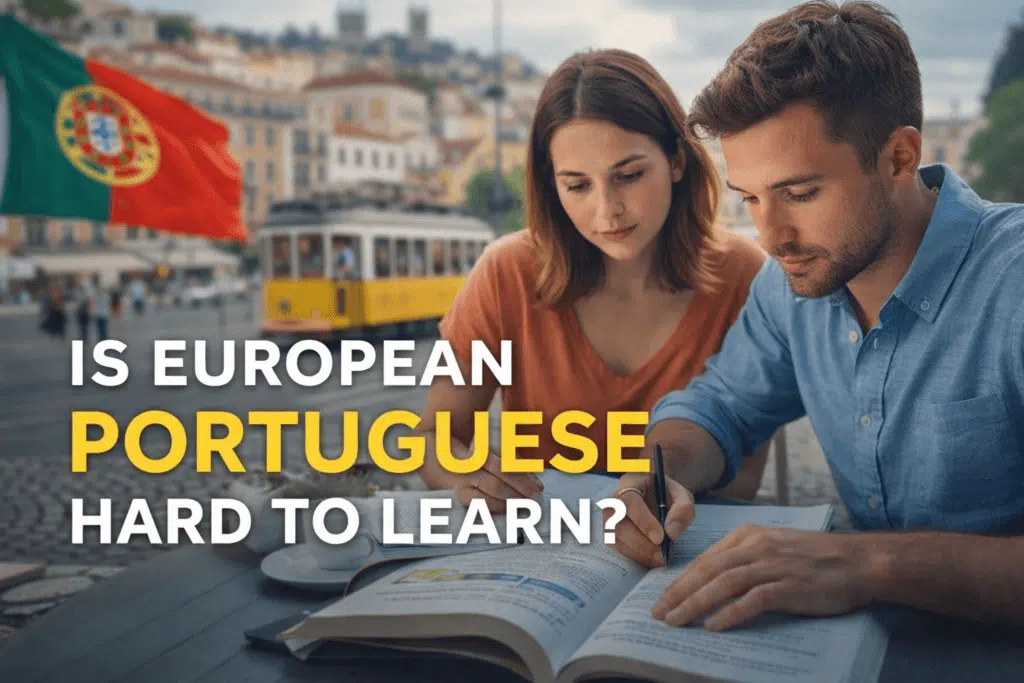 Two people studying European Portuguese outdoors in Lisbon, representing the challenge of learning European Portuguese