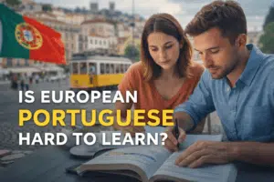 Two people studying European Portuguese outdoors in Lisbon, representing the challenge of learning European Portuguese