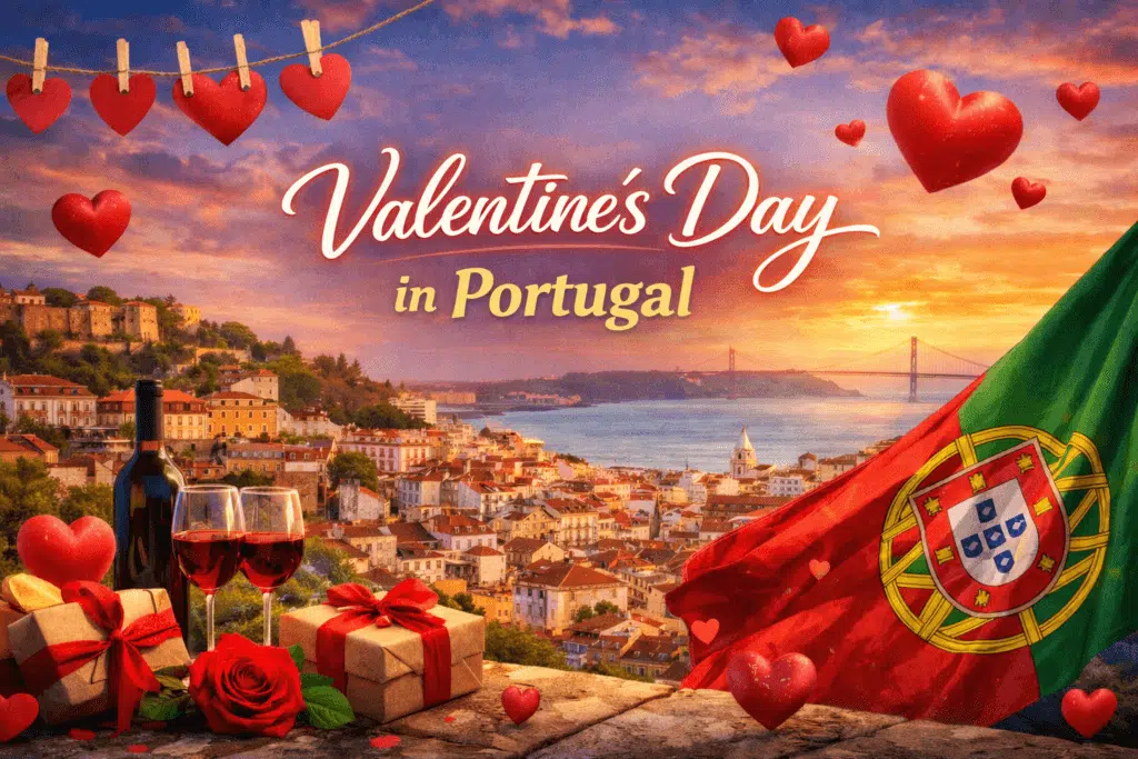 Romantic Lisbon skyline at sunset with hearts and Portuguese flag representing Valentine’s Day in Portugal