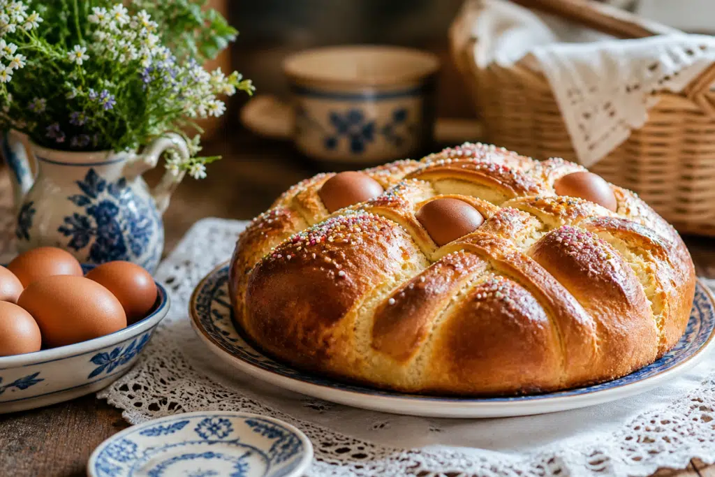 Folar da Páscoa, il pane dolce tradizionale delle tradizioni di Pasqua in Portogallo con uova sode