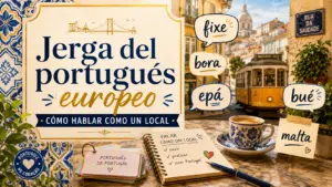 Jerga del portugués europeo con expresiones como fixe, bora, epá, bué y malta para hablar como un local