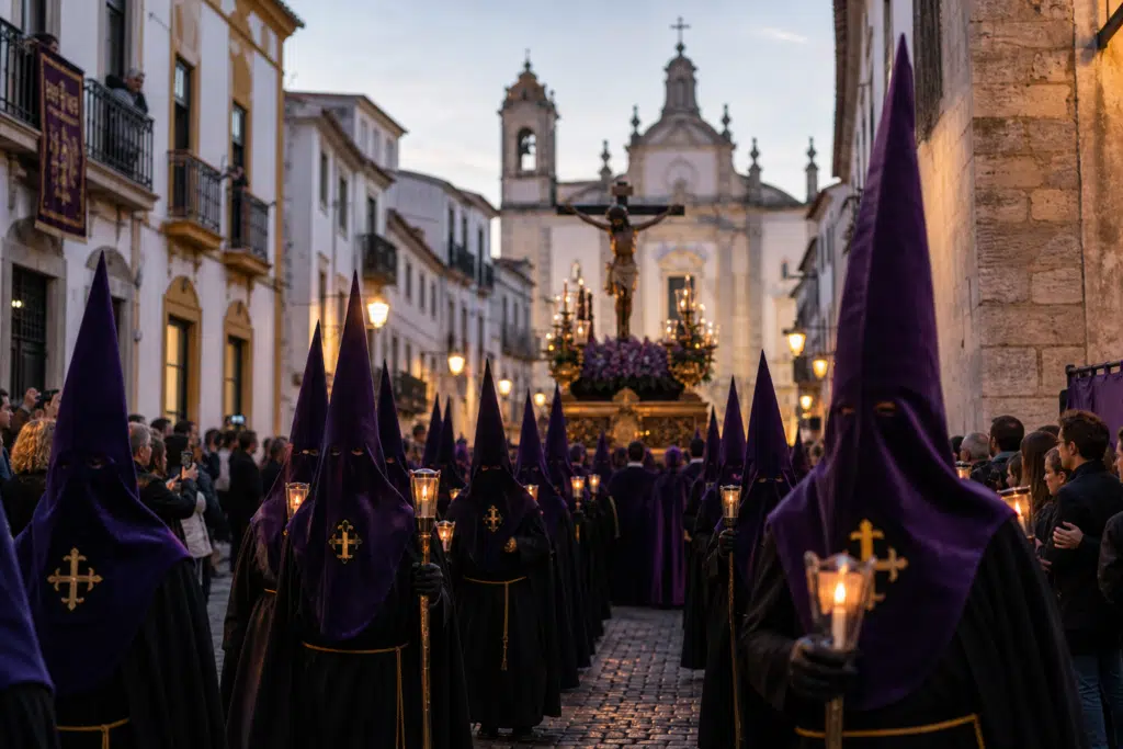 Processione della Semana Santa con fedeli incappucciati - tradizioni di Pasqua in Portogallo