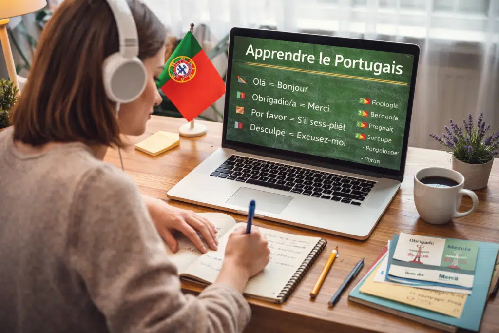 personne apprenant avec un blog de portugais européen sur ordinateur portable et des ressources de portugais