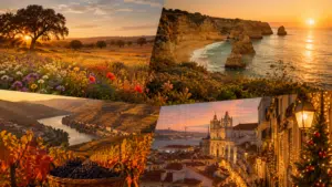Best time to visit Portugal: four seasons collage showing Algarve beach, Douro Valley harvest, Lisbon and Alentejo wildflowers